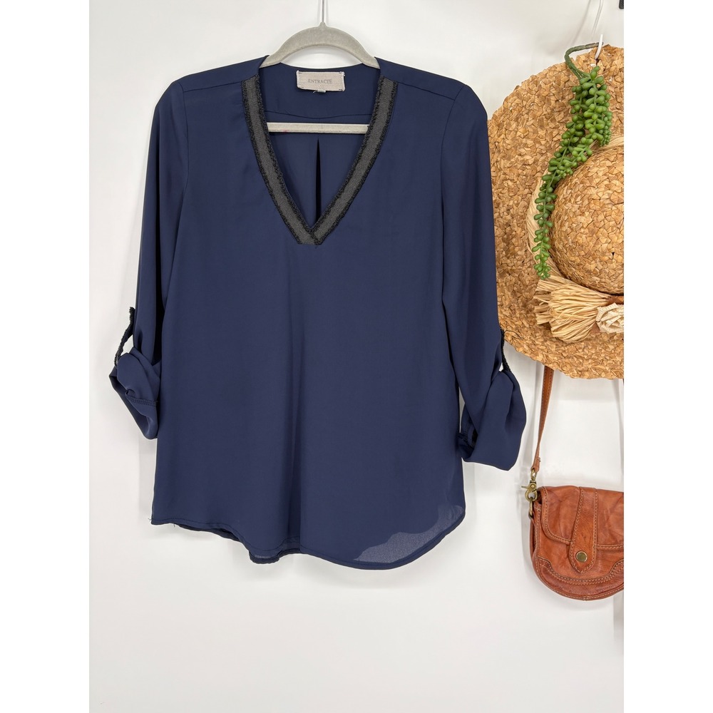 Extracte Vie Ta Vie‎ V-Neck Dressy Tunic Blouse Top Roll -Tab Sleeve Navy Large